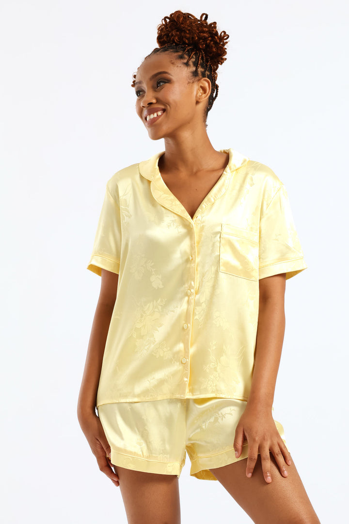 Button Through Satin Embossed Floral Short Set - Yellow