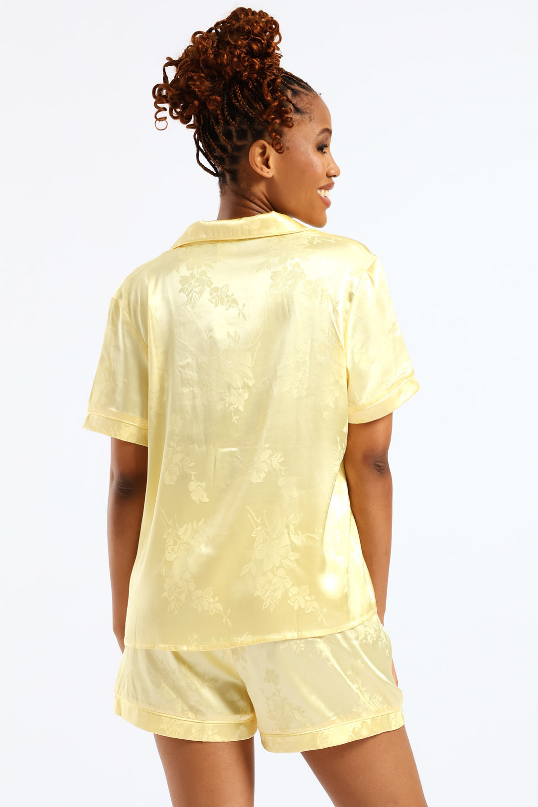 Button Through Satin Embossed Floral Short Set - Yellow