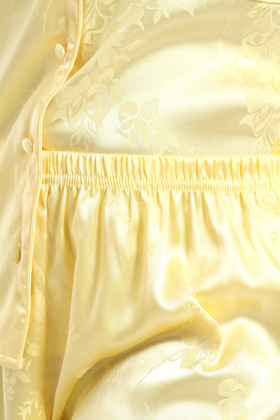 Button Through Satin Embossed Floral Short Set - Yellow