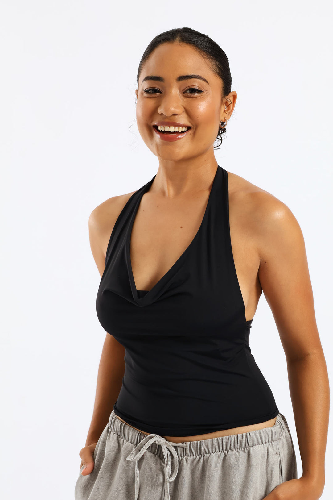 Cowl Neck Halter Top - Black
