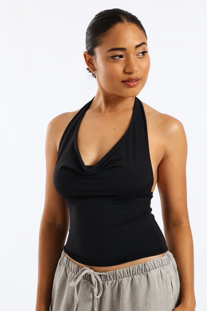 Cowl Neck Halter Top - Black
