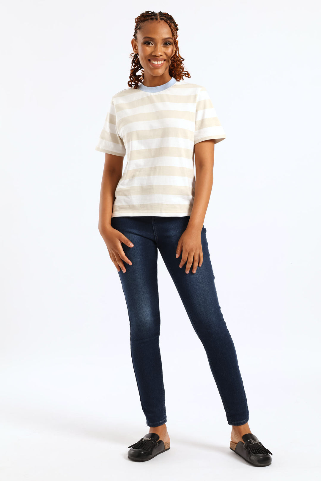 Wide Stripe Contrast Rib Neck Boxy Tee - Stone/White