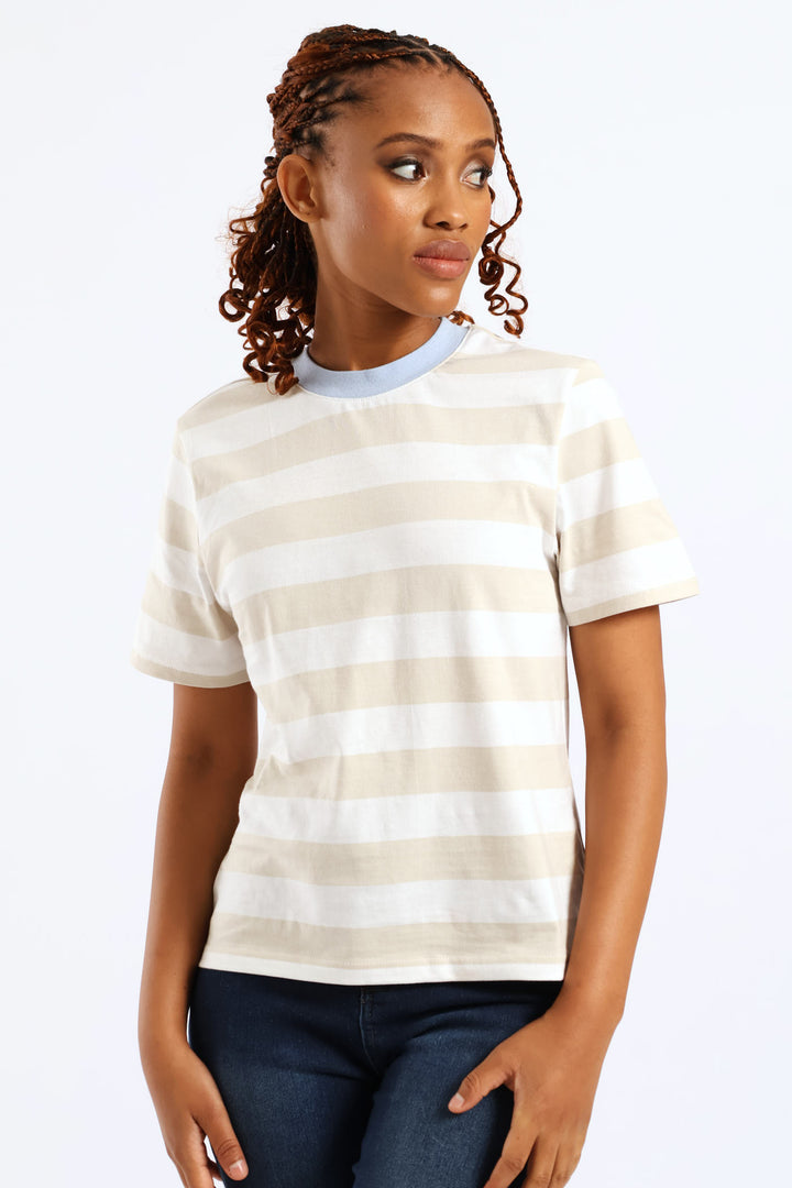 Wide Stripe Contrast Rib Neck Boxy Tee - Stone/White