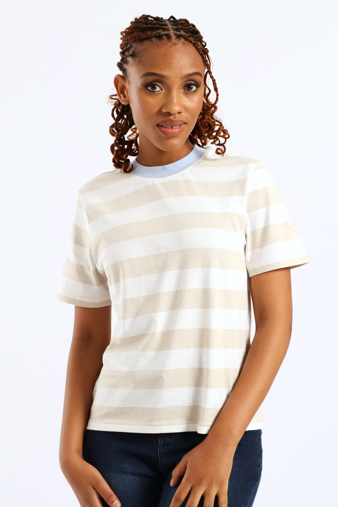 Wide Stripe Contrast Rib Neck Boxy Tee - Stone/White
