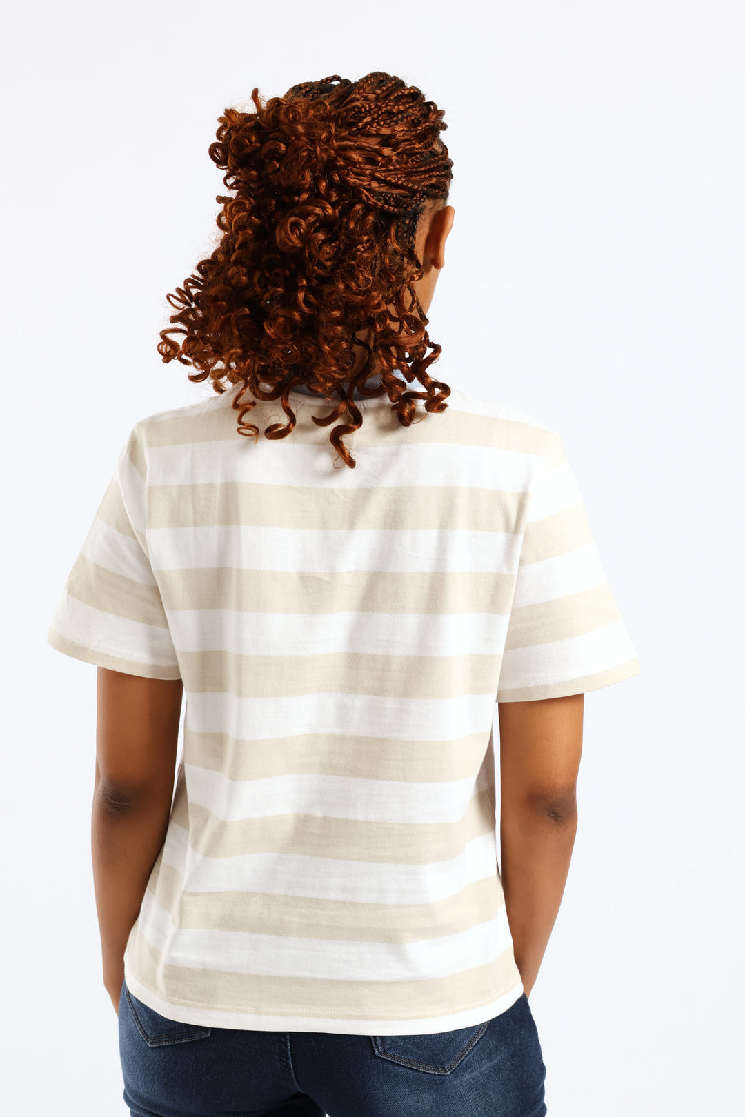 Wide Stripe Contrast Rib Neck Boxy Tee - Stone/White