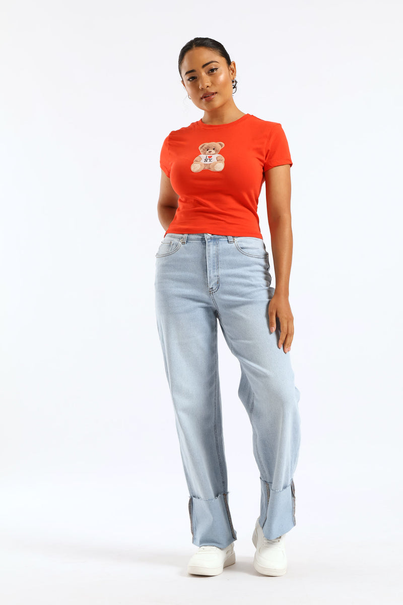 Teddy Printed Baby Tee - Orange