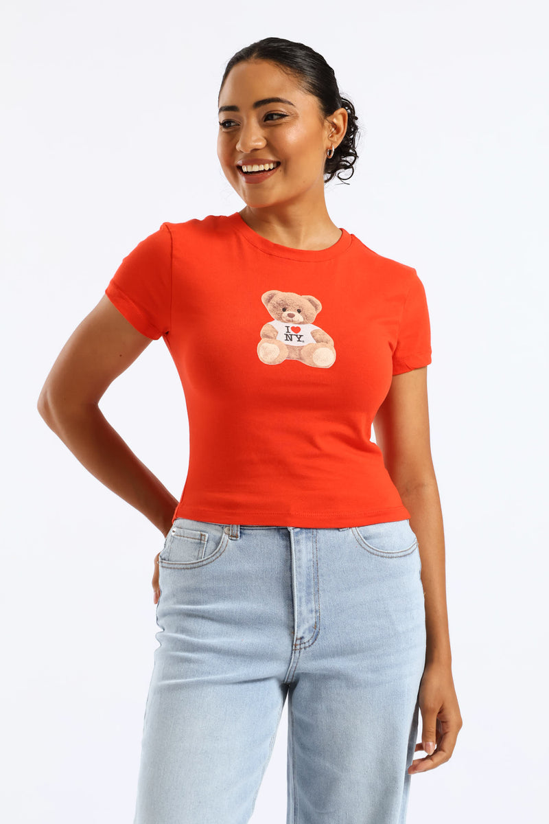 Teddy Printed Baby Tee - Orange