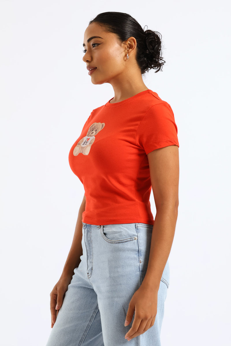 Teddy Printed Baby Tee - Orange