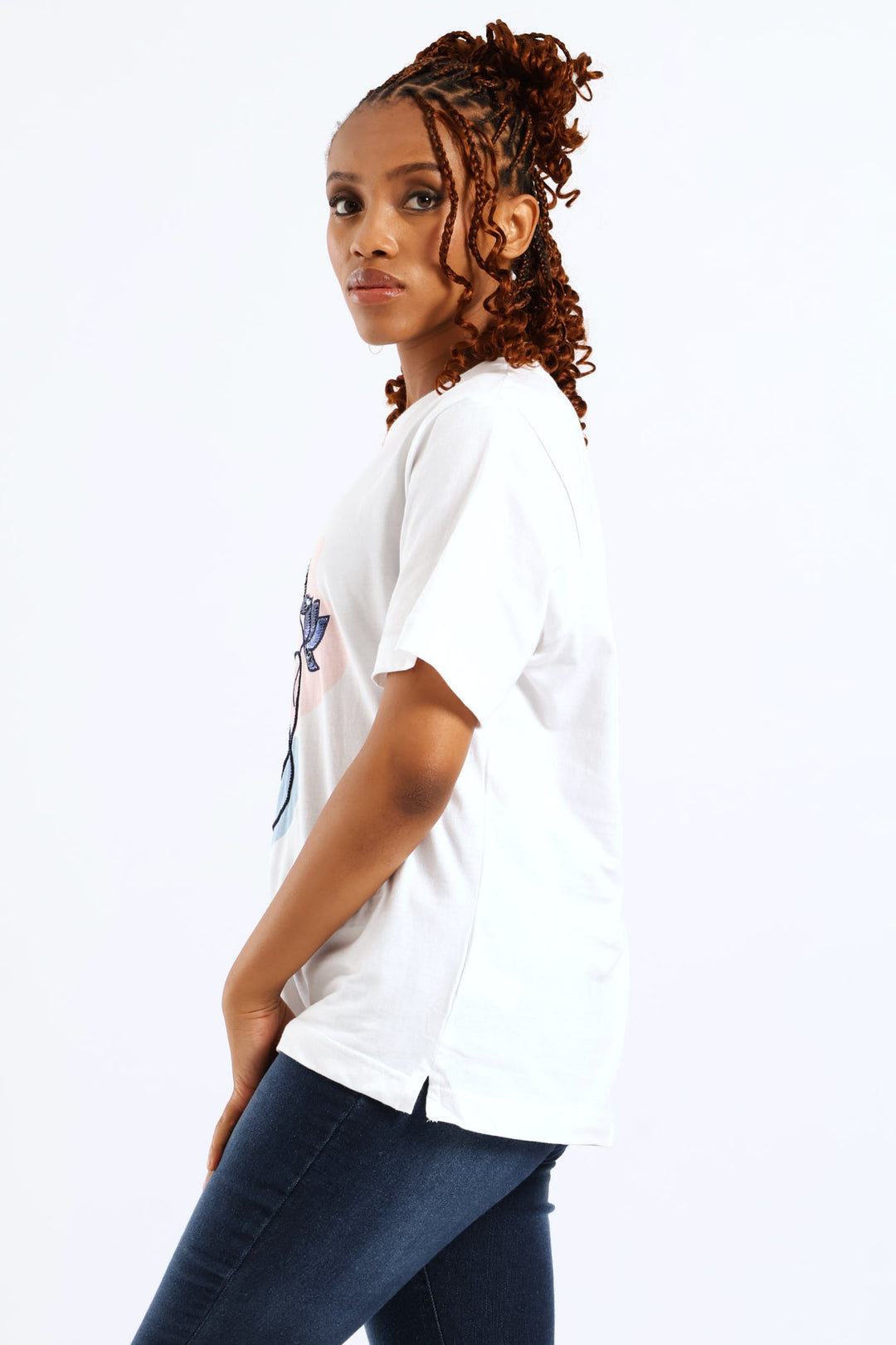 Sequin Cornelli Face Cotton Rib Neck Boxy Tee - White