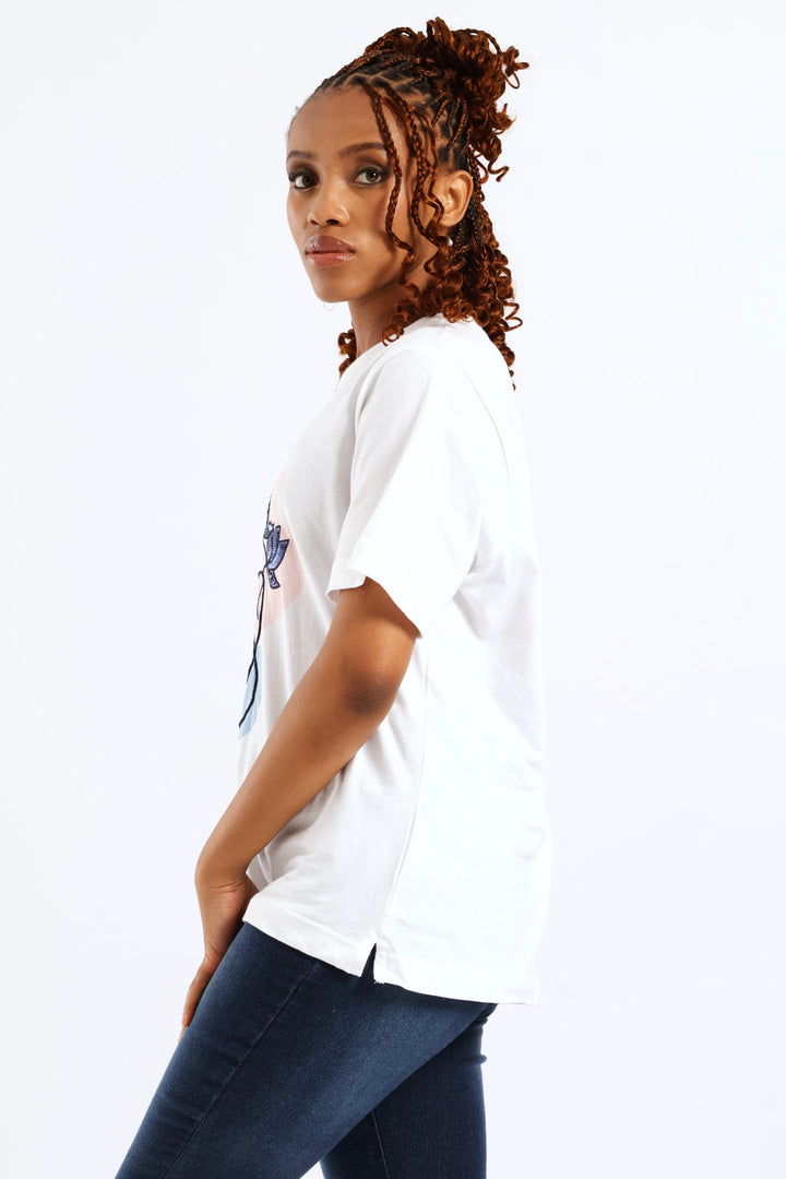 Sequin Cornelli Face Cotton Rib Neck Boxy Tee - White