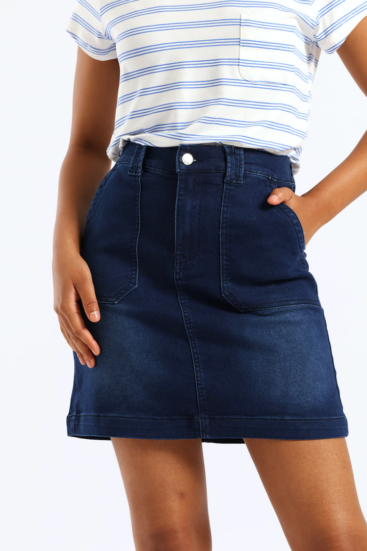 Utility Pocket Knit Denim Mini Skirt - Dark Wash