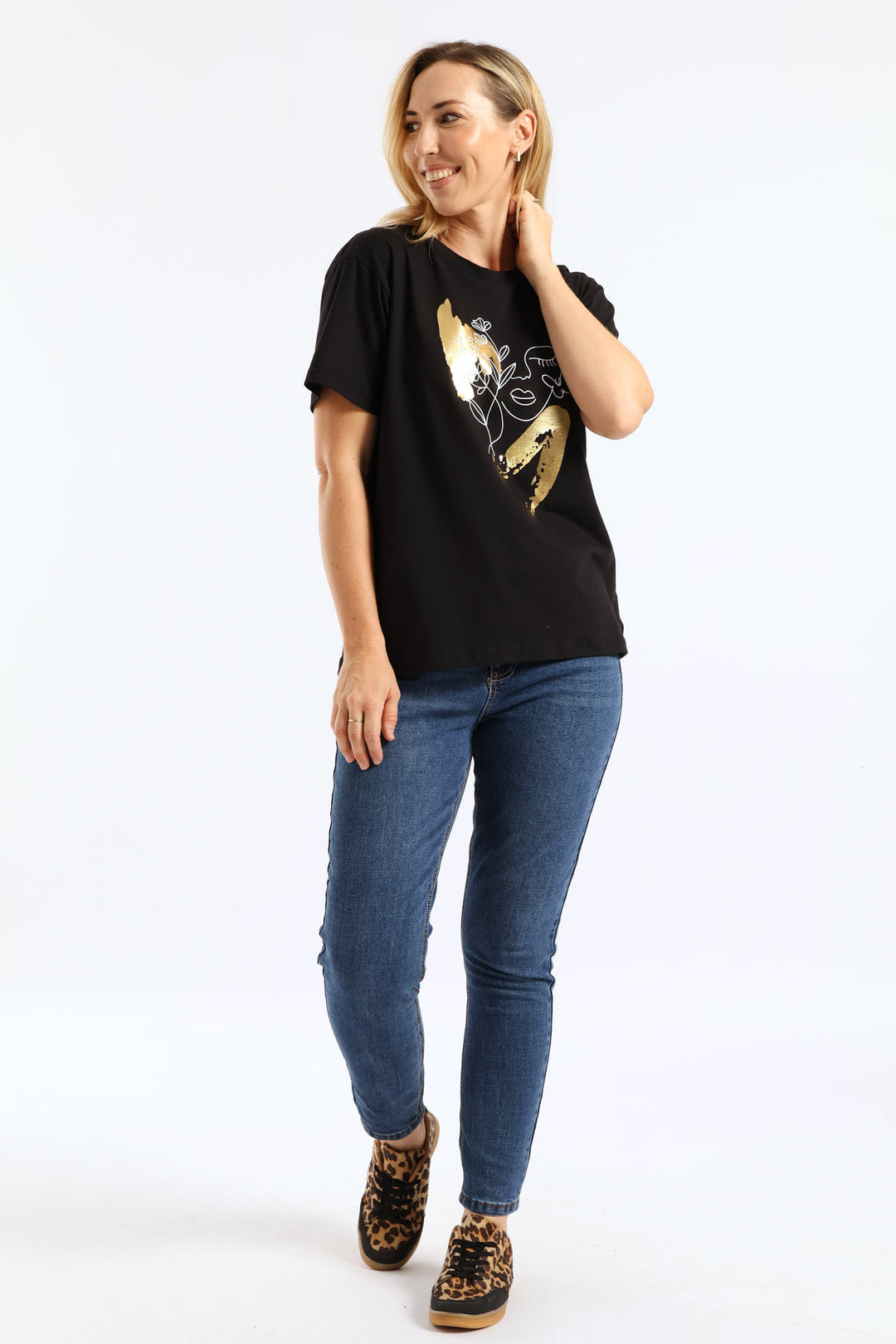 Outline Floral Foil Face Tee - Black