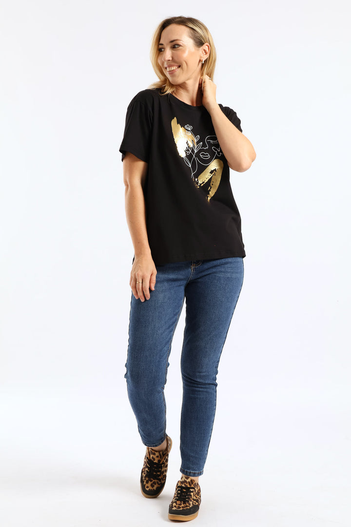 Outline Floral Foil Face Tee - Black