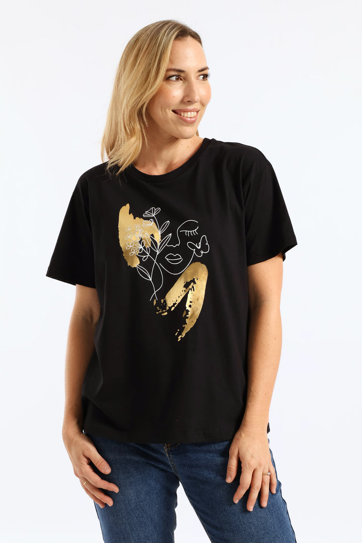 Outline Floral Foil Face Tee - Black