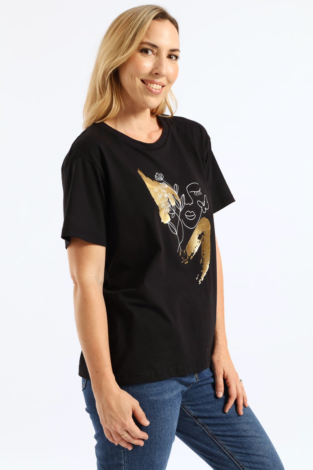 Outline Floral Foil Face Tee - Black