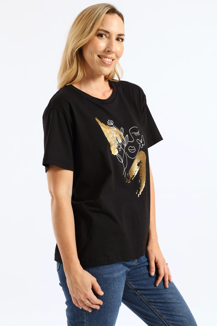 Outline Floral Foil Face Tee - Black