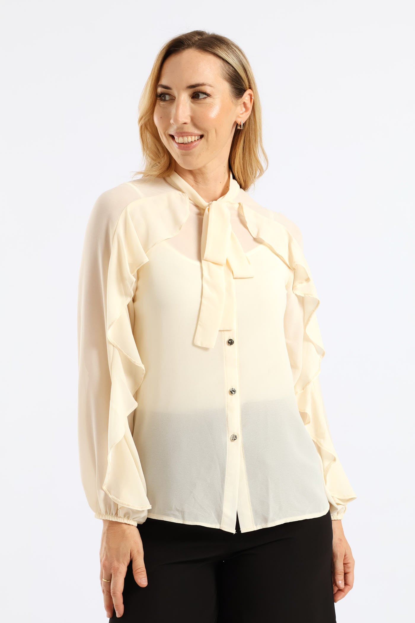 Ladies Kitty Bow Ruffle Shirt - Cream – Edgars