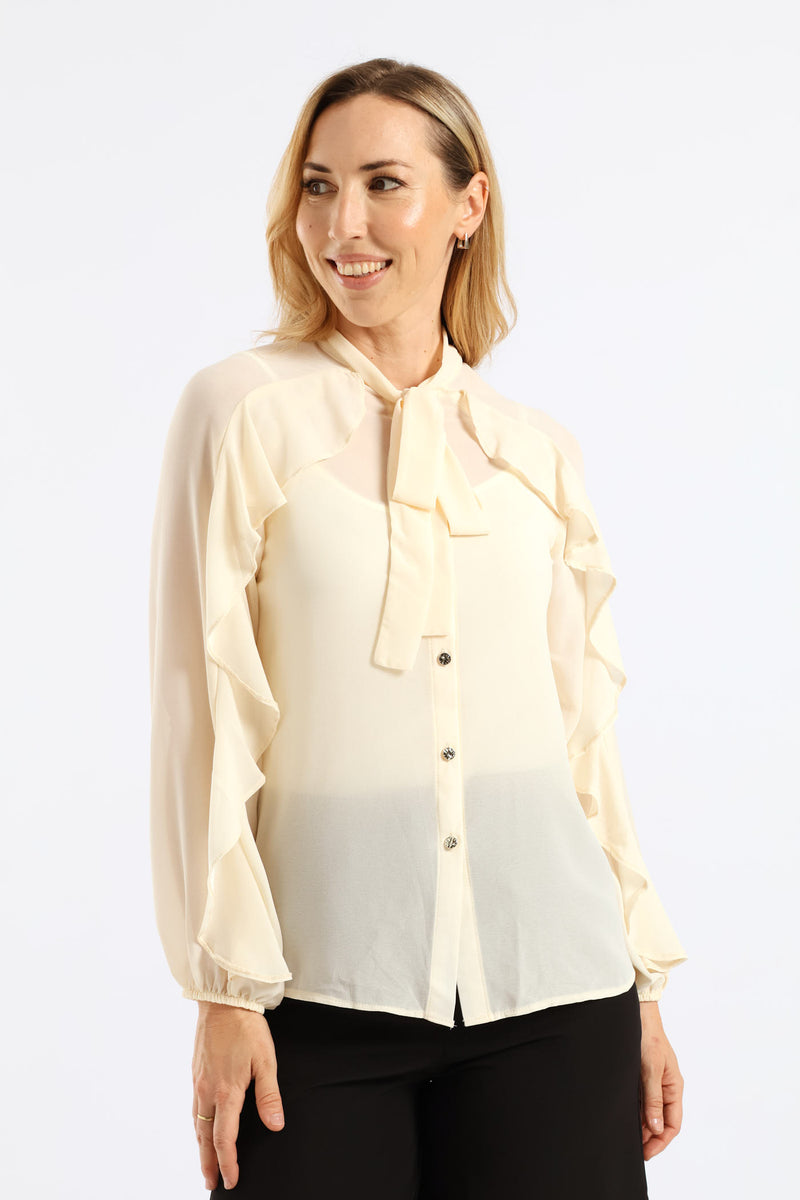 Kitty Bow Ruffle Shirt - Cream