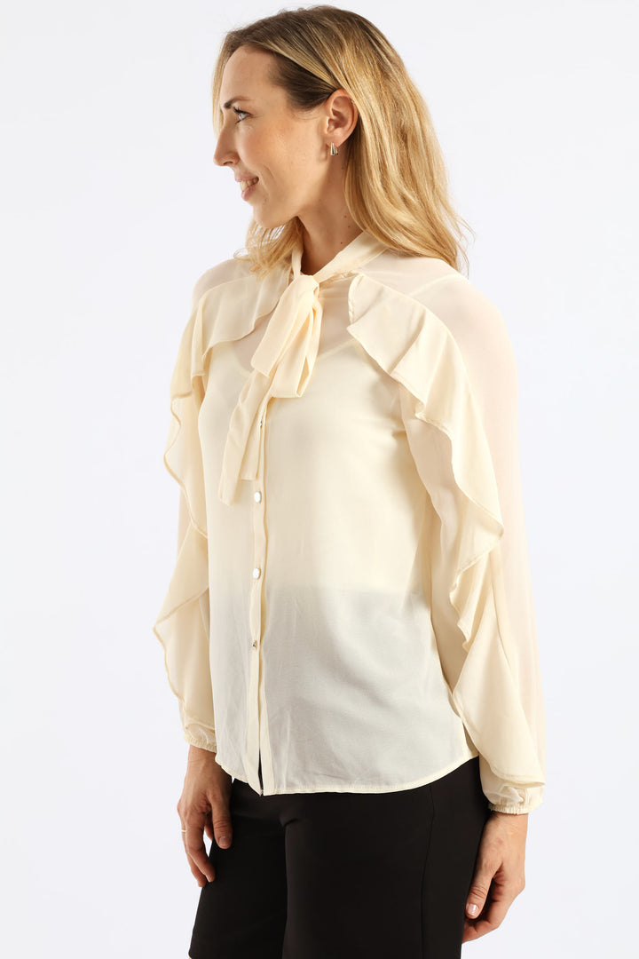 Kitty Bow Ruffle Shirt - Cream