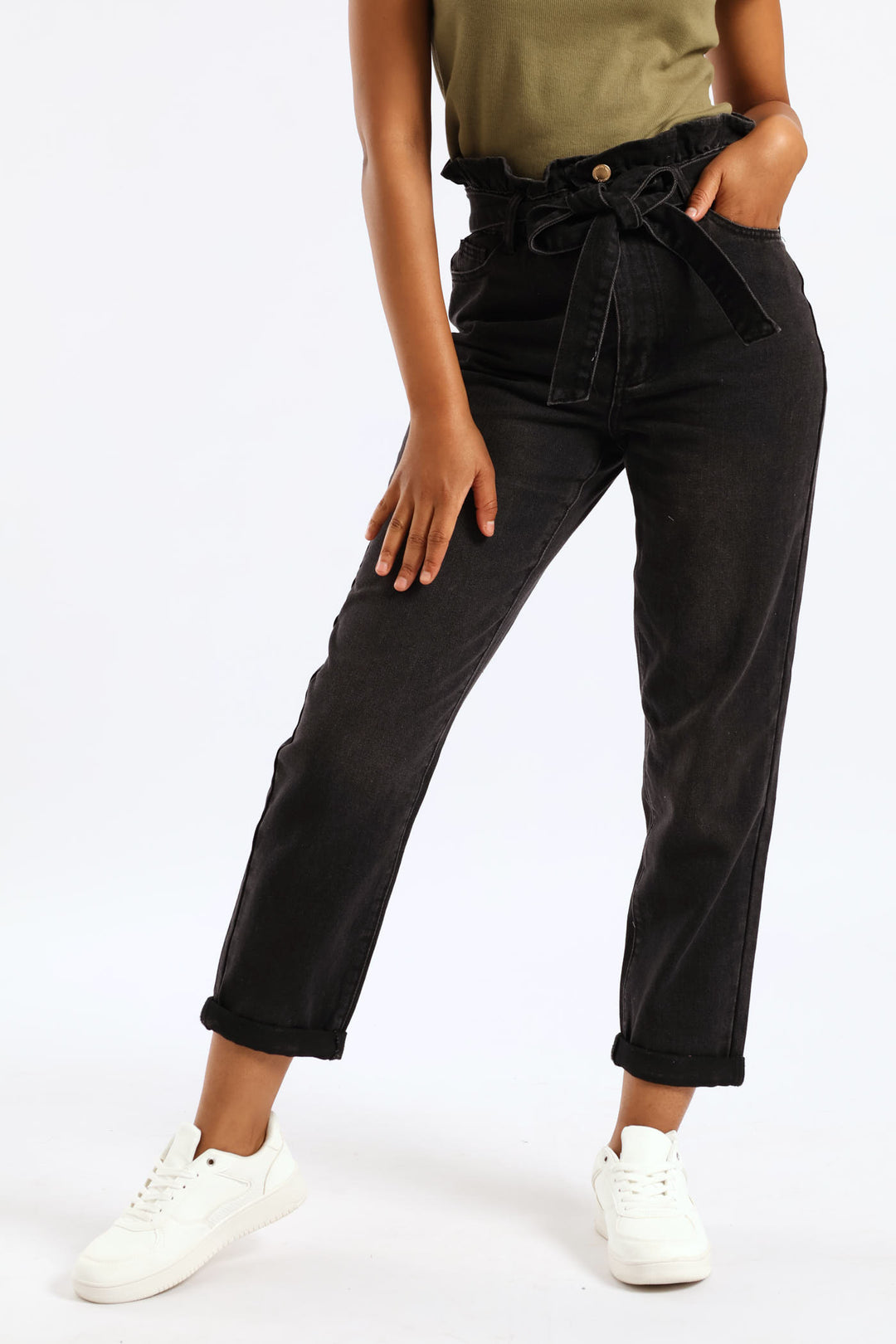 Hi-Rise Self Belted Roll Hem Paper Bag Mom Jean - Black