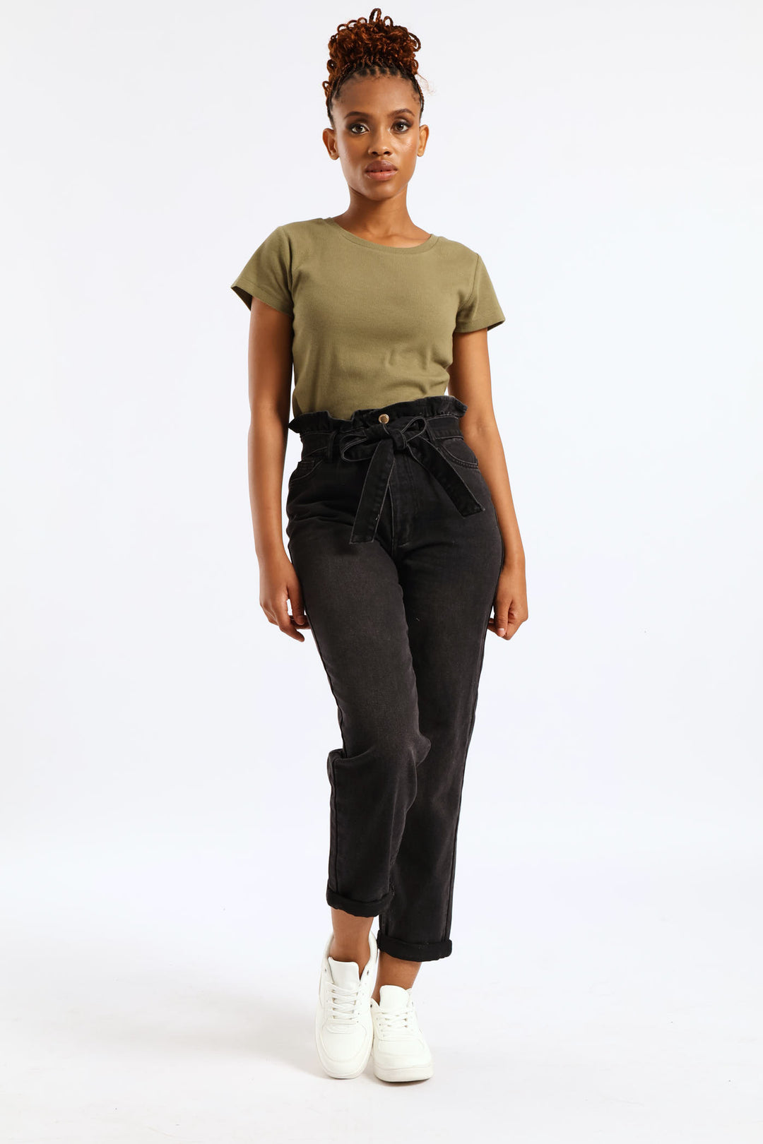 Hi-Rise Self Belted Roll Hem Paper Bag Mom Jean - Black