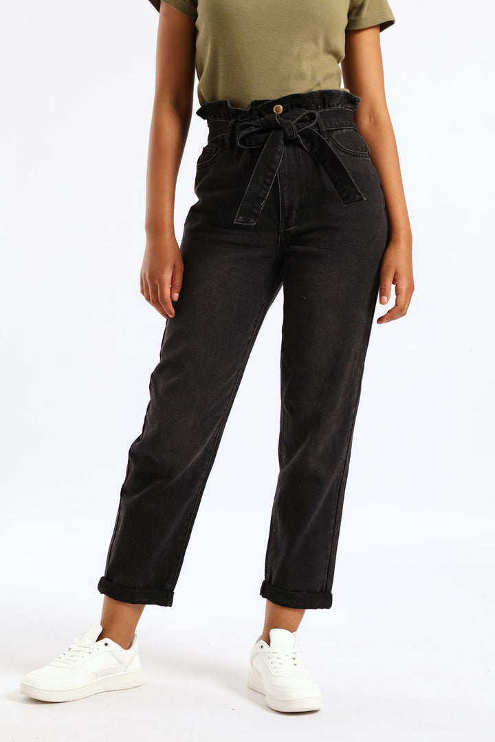 Hi-Rise Self Belted Roll Hem Paper Bag Mom Jean - Black
