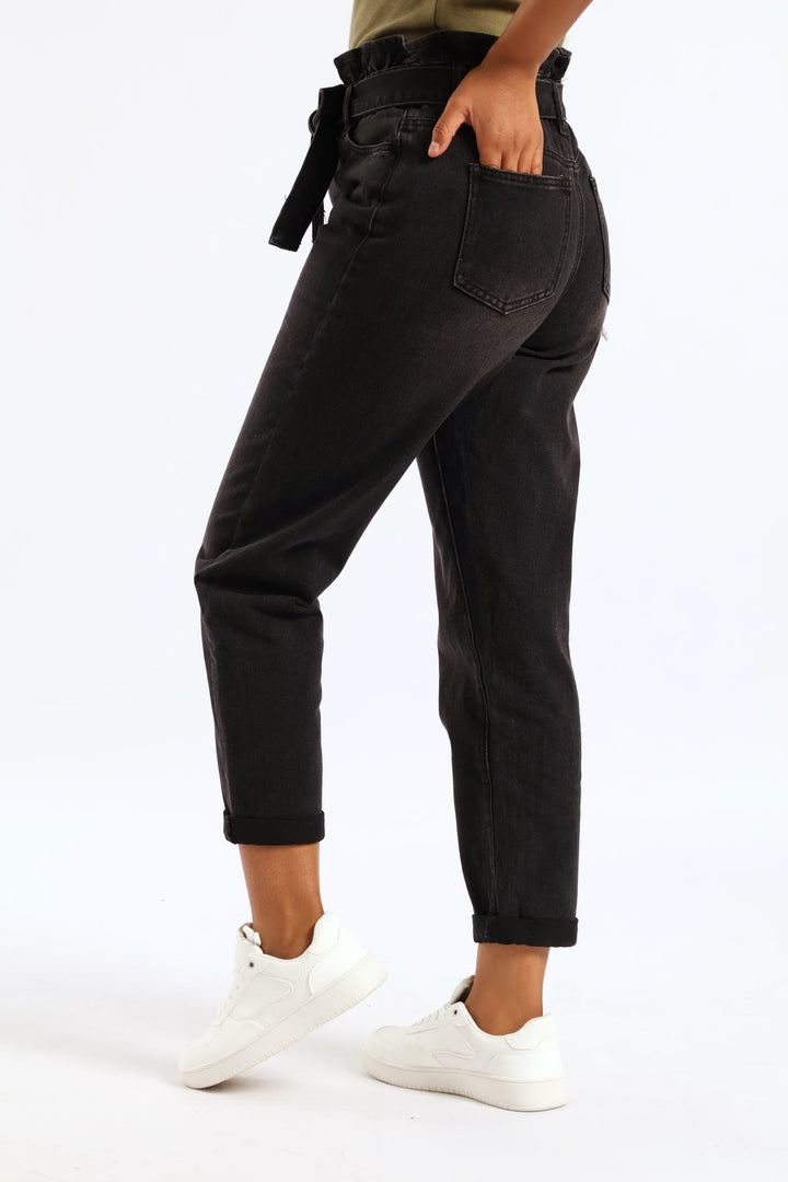 Hi-Rise Self Belted Roll Hem Paper Bag Mom Jean - Black