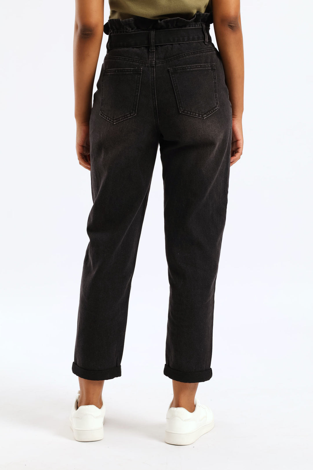 Hi-Rise Self Belted Roll Hem Paper Bag Mom Jean - Black