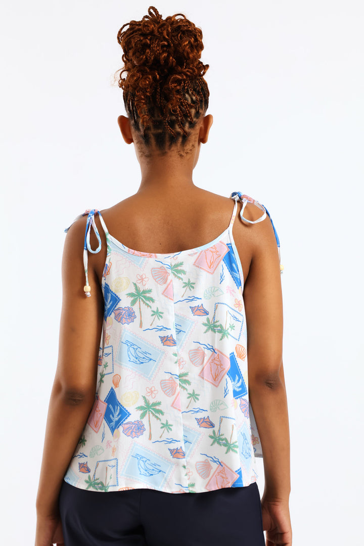 Beaded Shoulder Ties Print Swing Cami - Multi