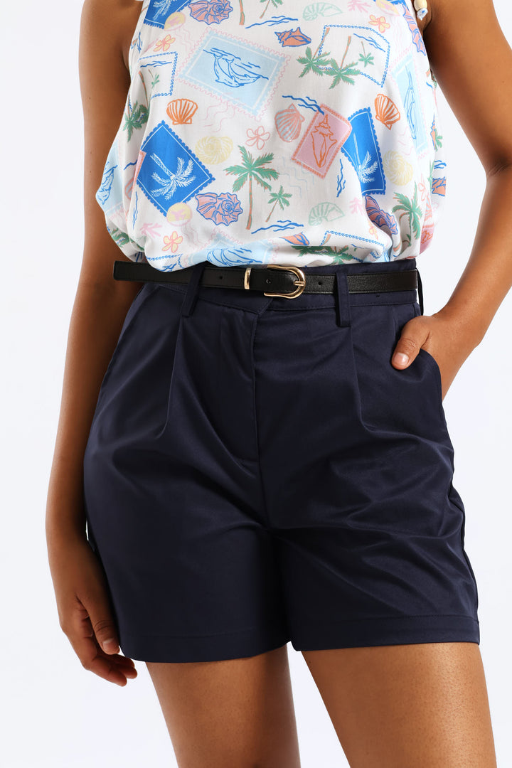 Belted Stretch Sateen Mid Thigh Chino Short - Navy