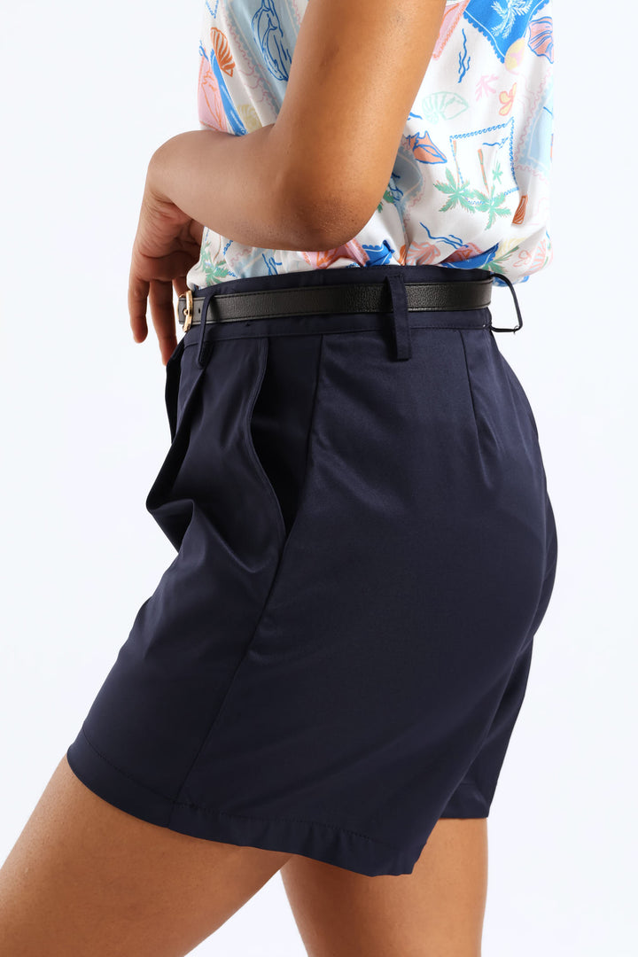 Belted Stretch Sateen Mid Thigh Chino Short - Navy