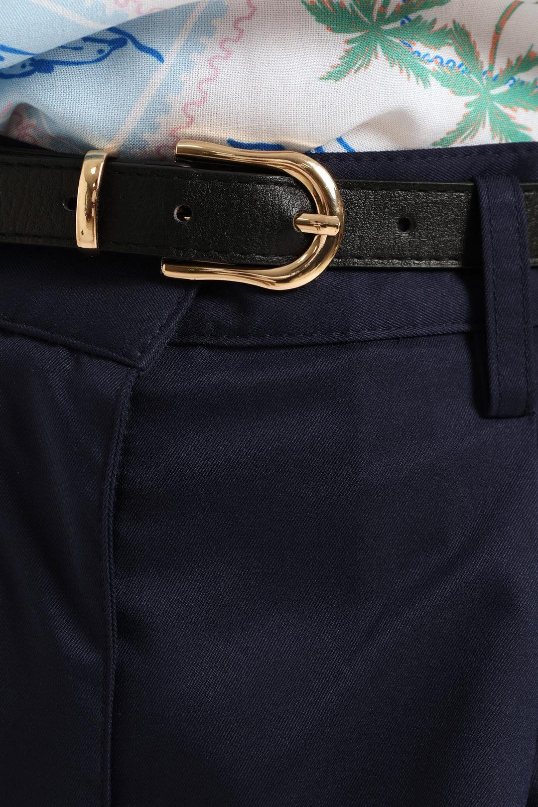 Belted Stretch Sateen Mid Thigh Chino Short - Navy