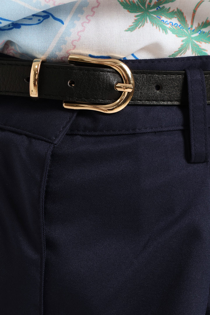 Belted Stretch Sateen Mid Thigh Chino Short - Navy