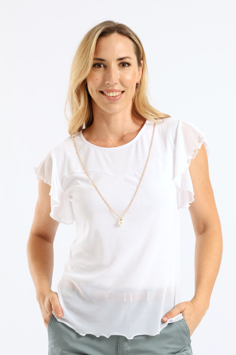 Flutter Sleeve Mesh Blouse - White