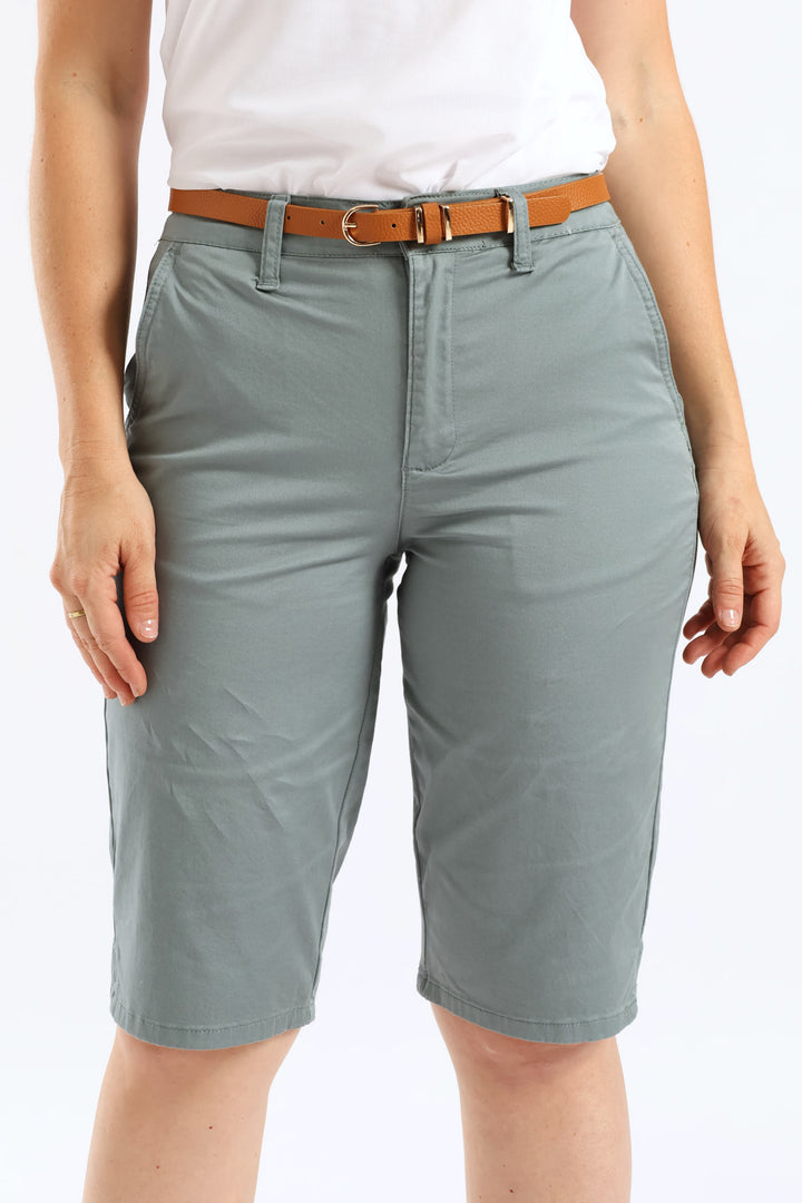 Belted Stretch Sateen Chino Bermuda Short - Aqua Mist Green