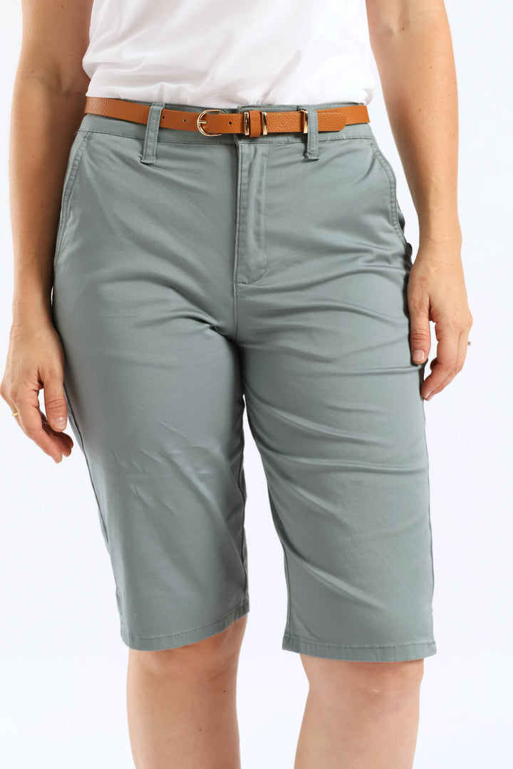 Belted Stretch Sateen Chino Bermuda Short - Aqua Mist Green