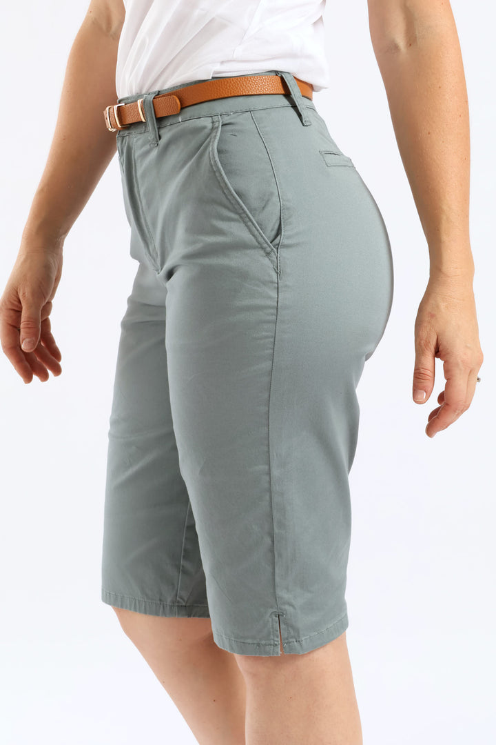 Belted Stretch Sateen Chino Bermuda Short - Aqua Mist Green