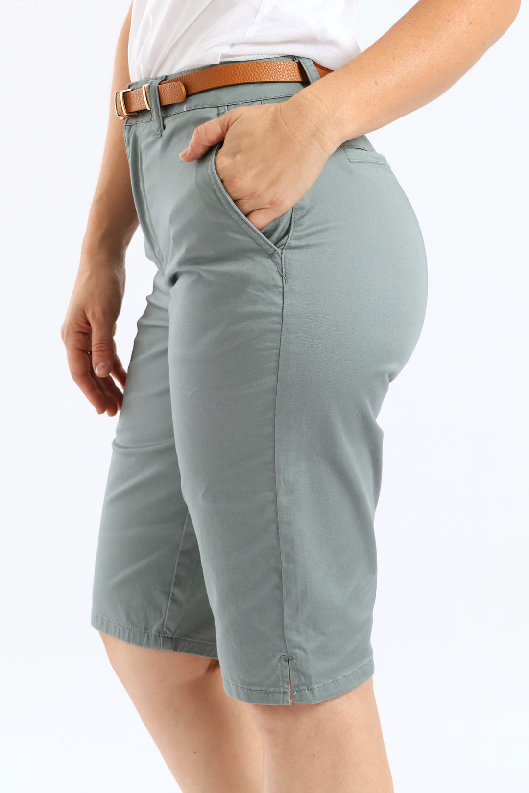 Belted Stretch Sateen Chino Bermuda Short - Aqua Mist Green