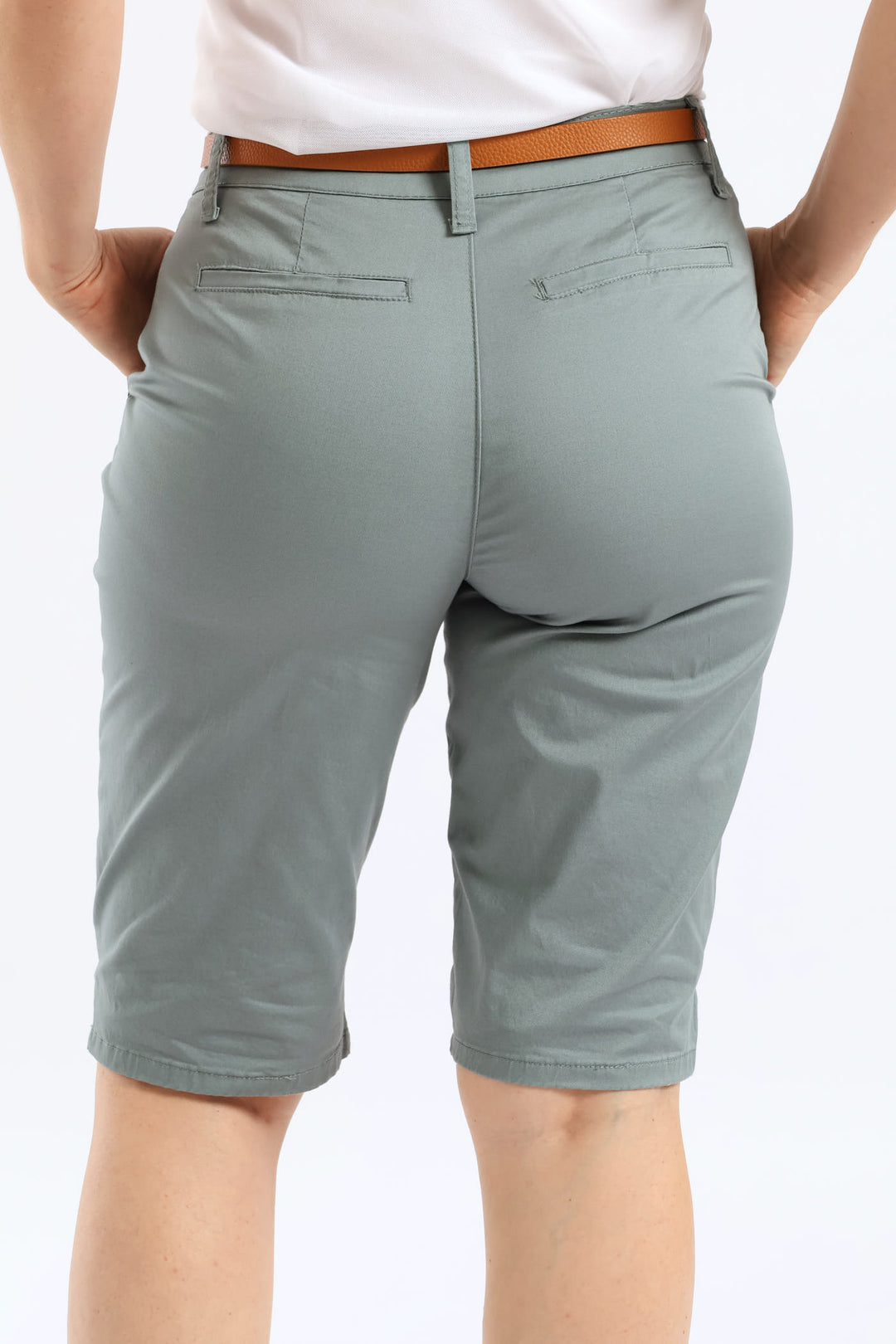 Belted Stretch Sateen Chino Bermuda Short - Aqua Mist Green