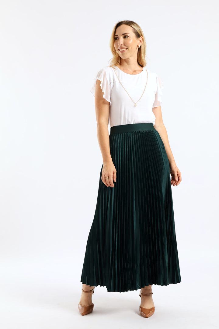 Pleated Satin Maxi Skirt - Bottle
