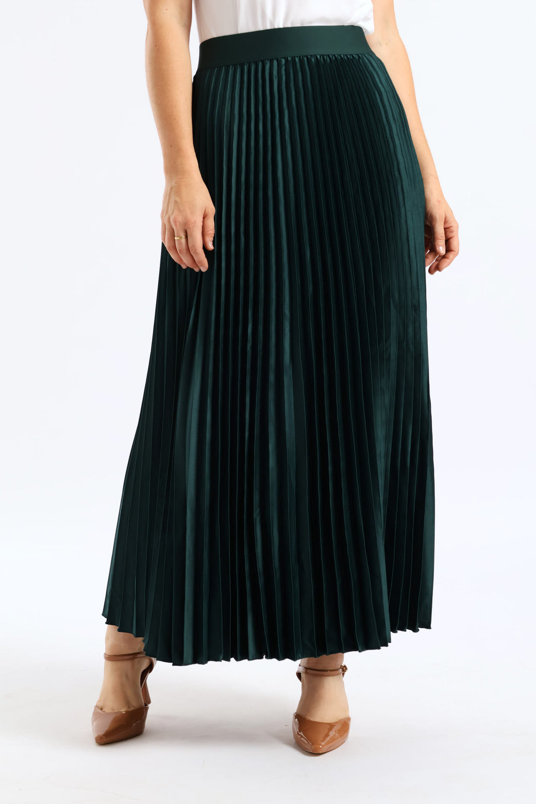 Pleated Satin Maxi Skirt - Bottle