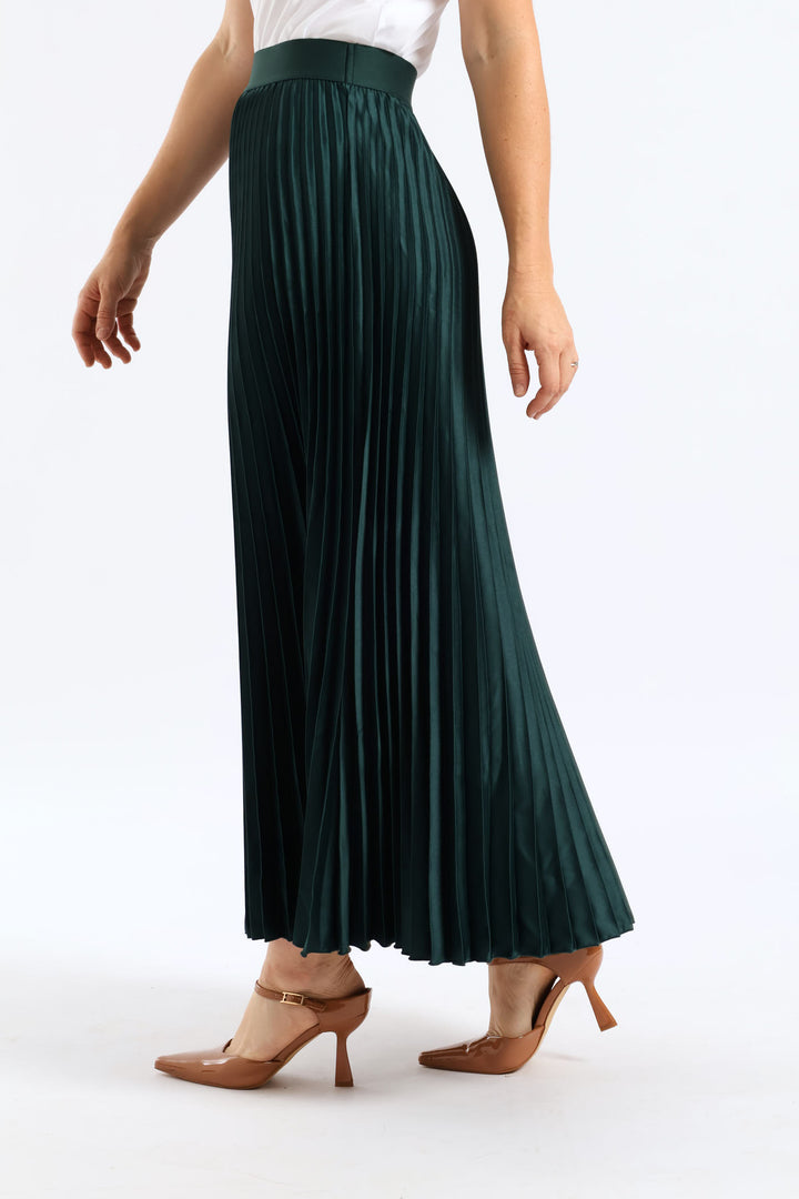 Pleated Satin Maxi Skirt - Bottle