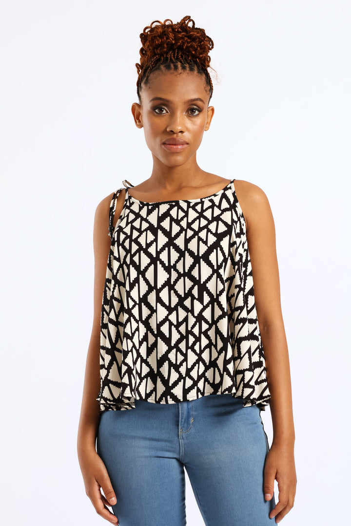 Beaded Shoulder Ties Print Swing Cami - Black/White