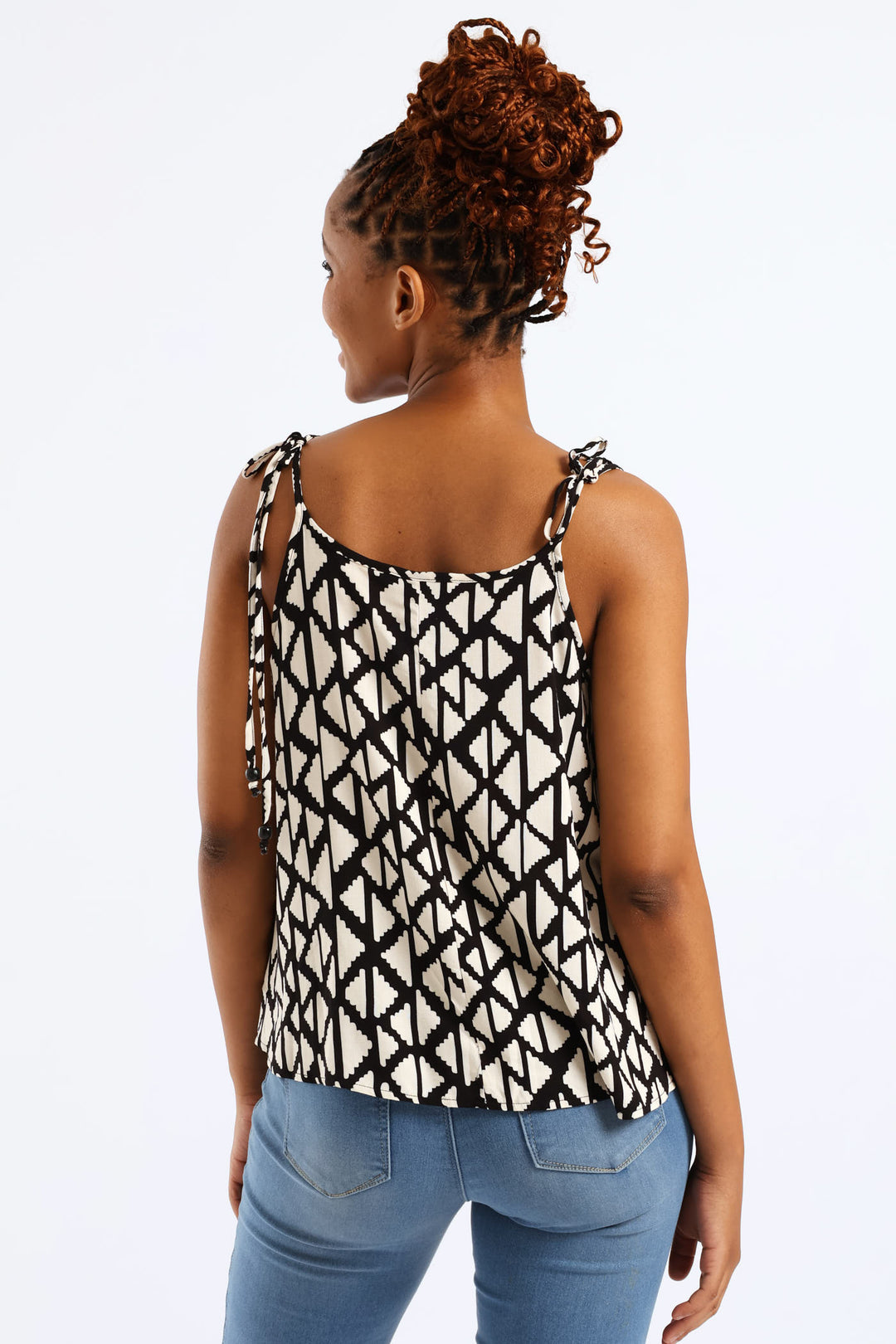 Beaded Shoulder Ties Print Swing Cami - Black/White