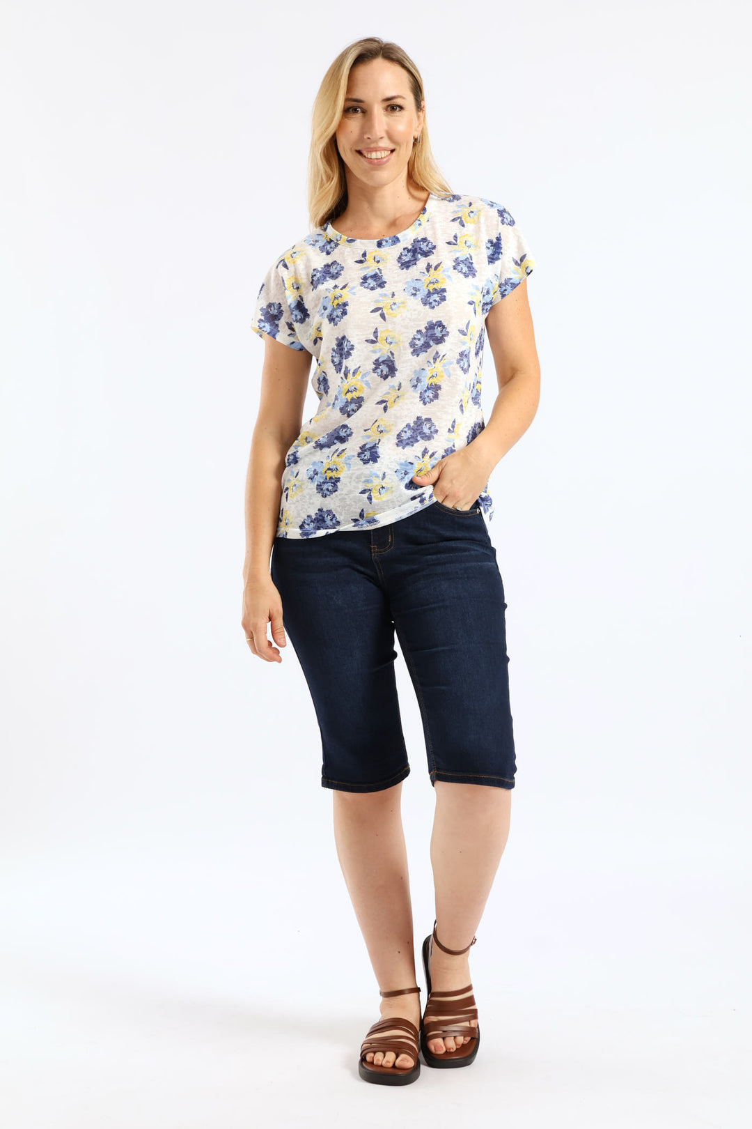 Floral Watercolour Burnout T-Shirt - Yellow/Blue