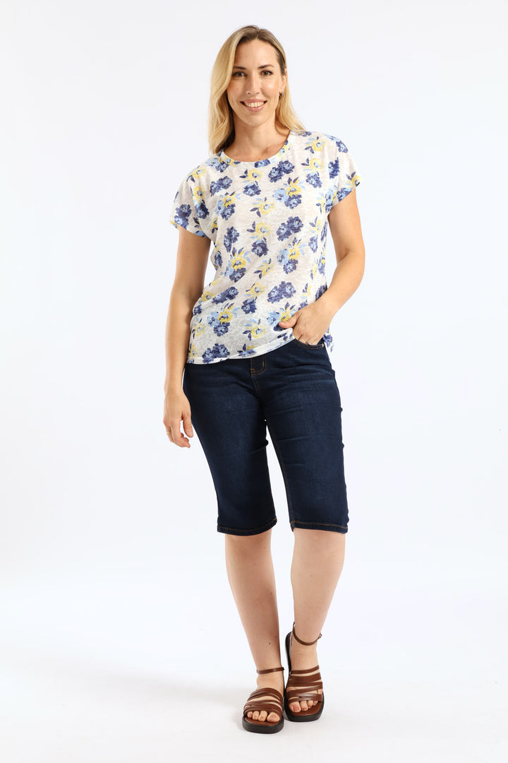 Floral Watercolour Burnout T-Shirt - Yellow/Blue