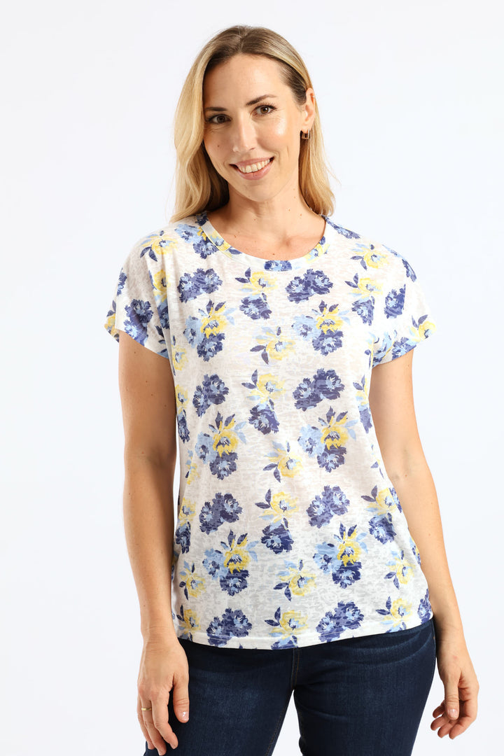 Floral Watercolour Burnout T-Shirt - Yellow/Blue