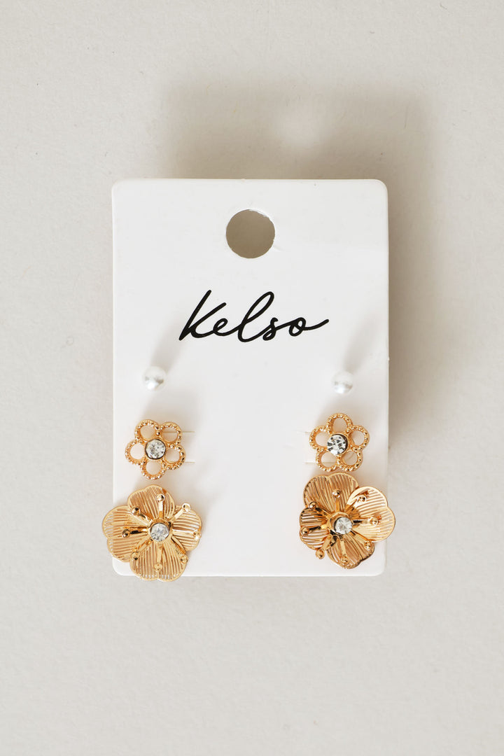 3 Pack Floral & Pearl Bead Stud Earrings - Gold
