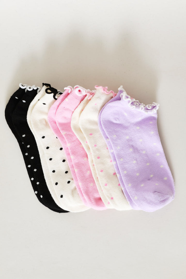 Girls 5 Pack Spots Lettuce Edge Low Cut Socks - Multi