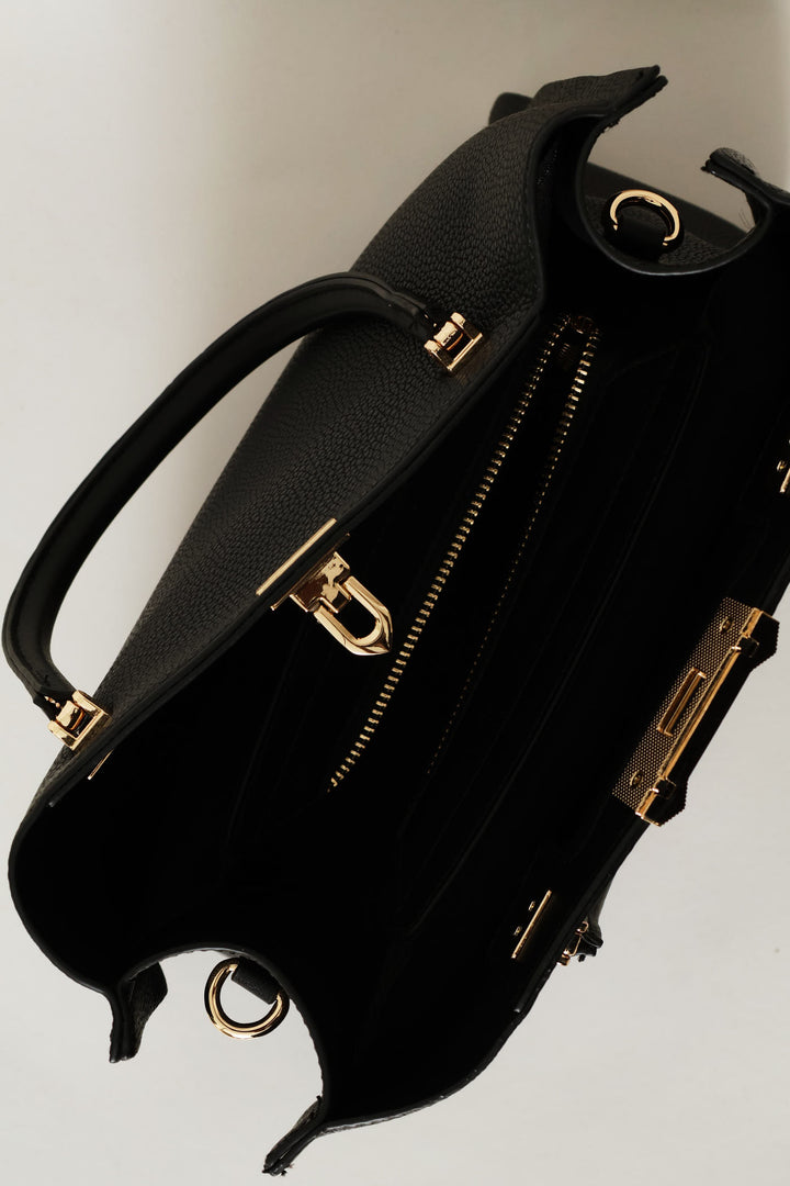 Top Handle Bag With Middle Compartment - Black